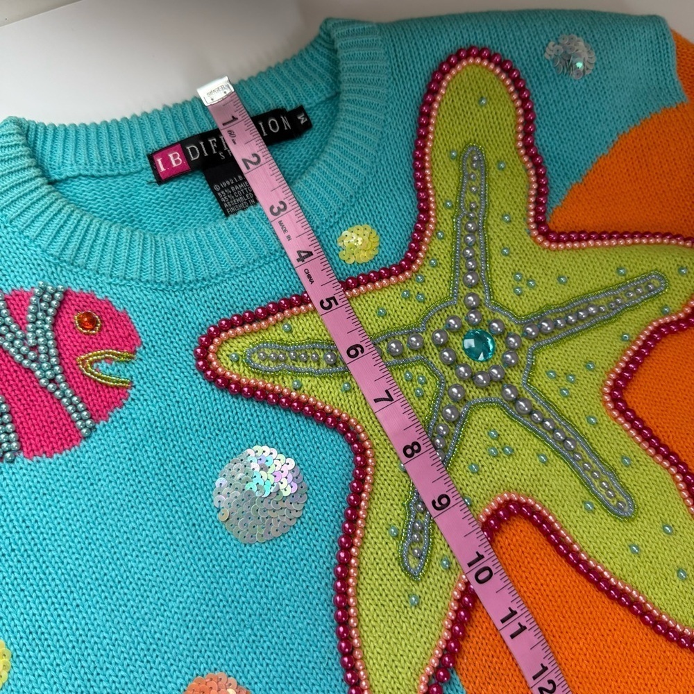 Vintage IB Diffusion Sport Sweater Womens Medium Blue Orange Sea Life Beaded 90s - Picture 10 of 11